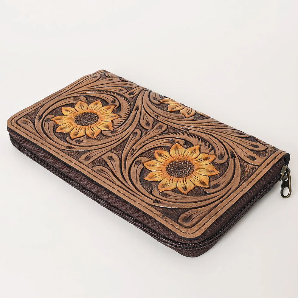 Ohlay - Genuine Tooled Leather Zip Wallet - Sunflower (124)