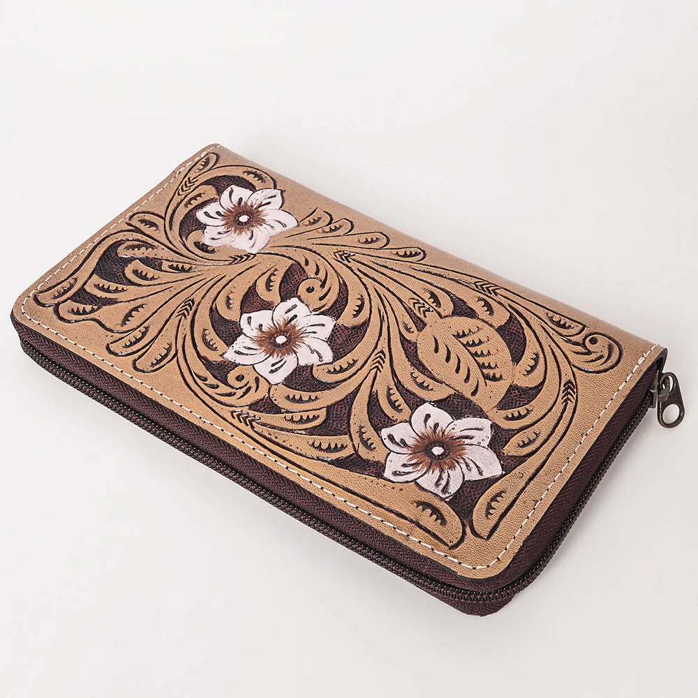Ohlay - Genuine Tooled Leather Zip Wallet - Dusty Pink Flower (125)