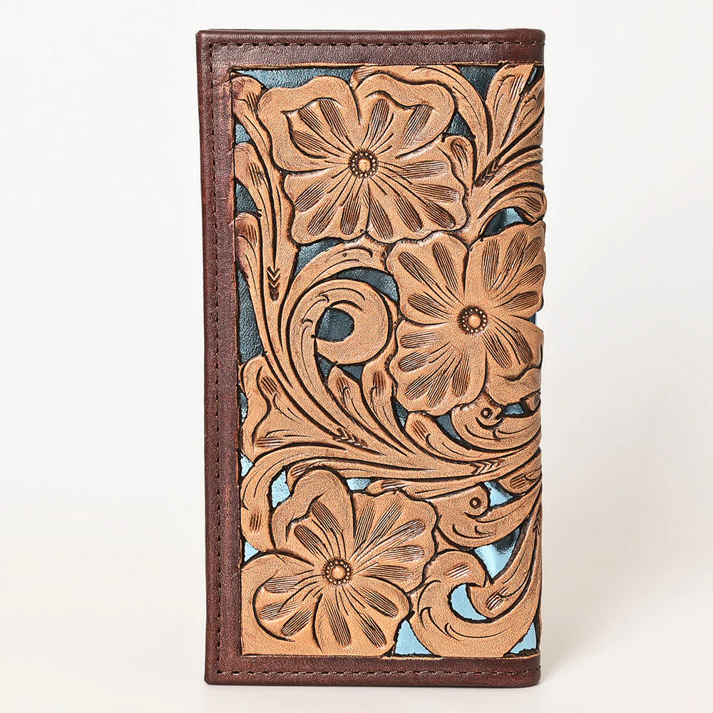 Ohlay - Genuine Tooled Leather Teal Chrome Bi-Fold Wallet - (119)