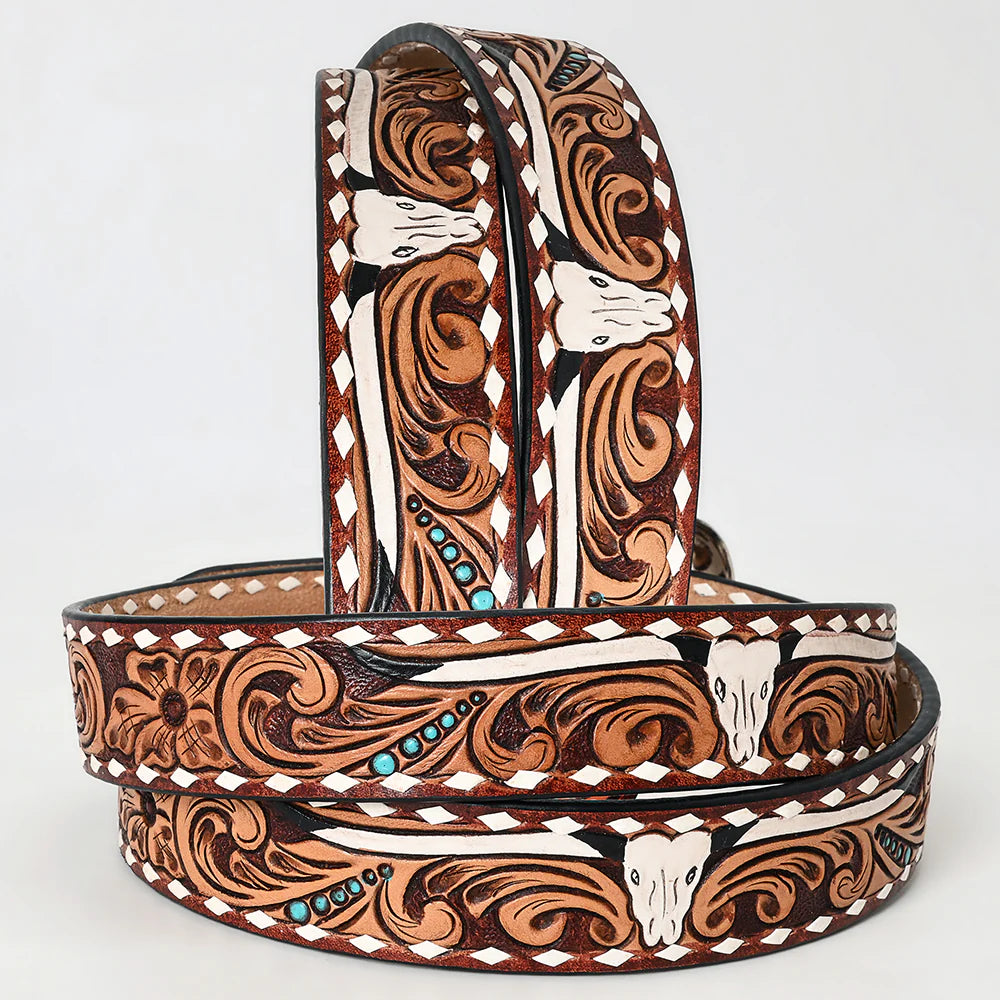 American Darling - Genuine Leather Painted Tooled Belt - Longhorn - (261)