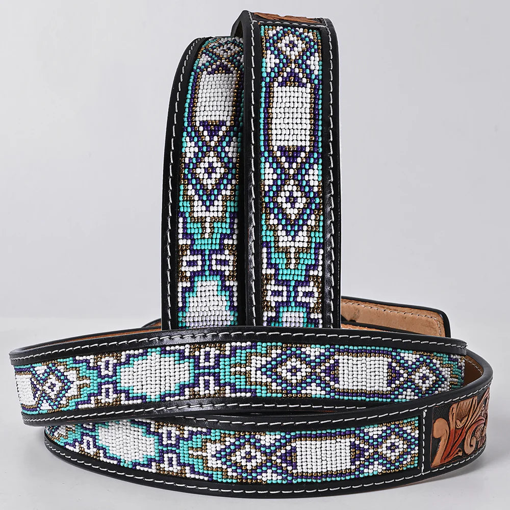American Darling - Genuine Leather Painted Tooled & Beaded Blue Aztec Belt (270)