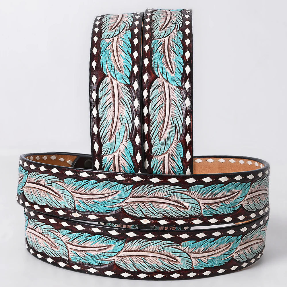 American Darling - Genuine Leather Painted Tooled Belt - Blue Feather (285)
