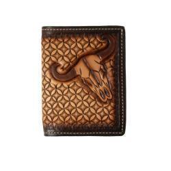 Mens Tri-Fold Wallet - Hand Tooled Cow Skull